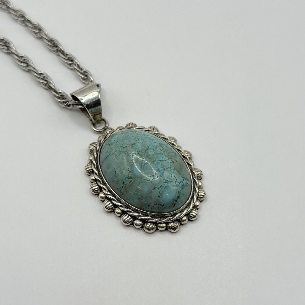 925 Sterling Silver Large Turquoise Pendant Necklace 20” Heavy Chain